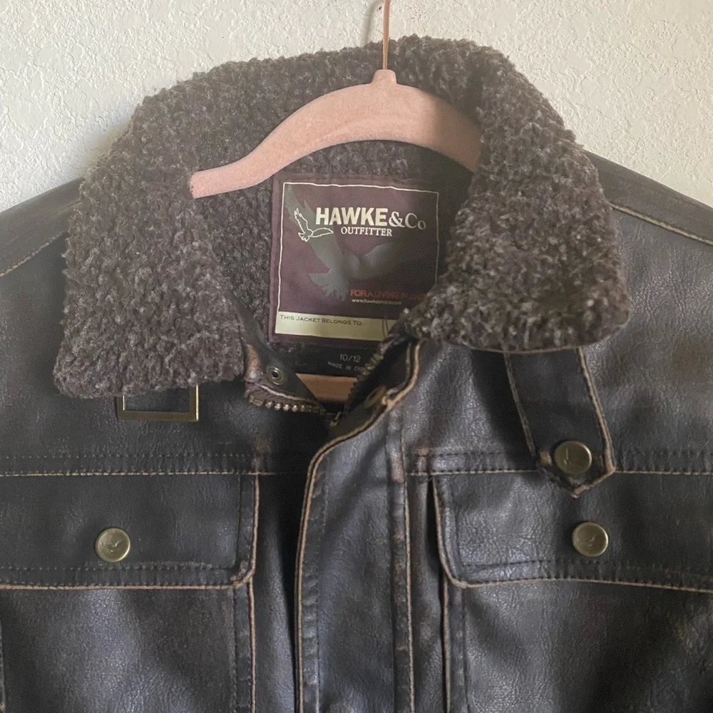 Hawke & Co Boys Brown Faux Leather Sherpa Collar Bomber Biker Moto Jacket 10/12